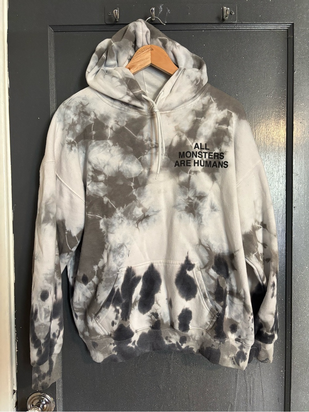 Tie-Dye Gray & White Crewneck Hoodie with 'All Monsters Are Humans' Print